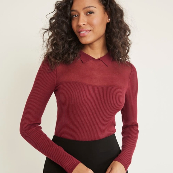 RW&CO. Sweaters - RW&Co Long-Sleeve Polo Ribbed Sweater With Sheer Yoke Size XS New!